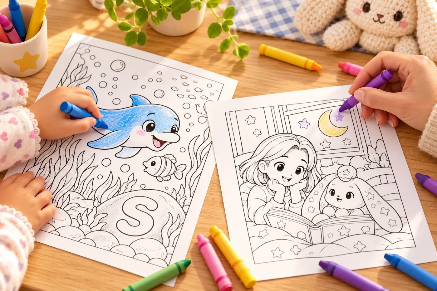 An adult and child choose crayons beside real WHIMO coloring pages.