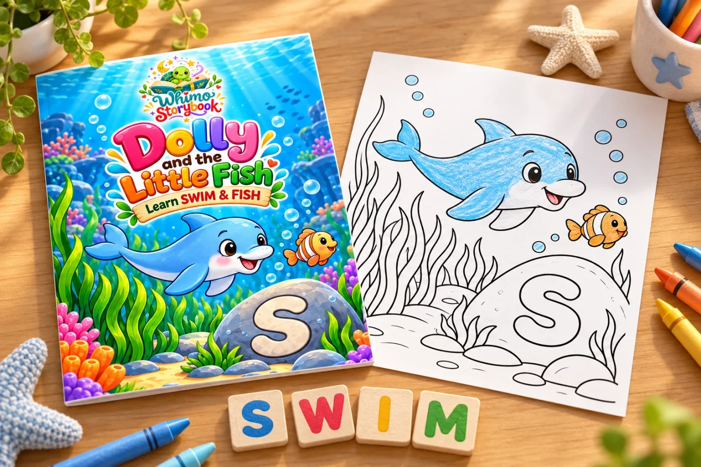 Dolly’s page beside homemade letter tiles spelling SWIM.