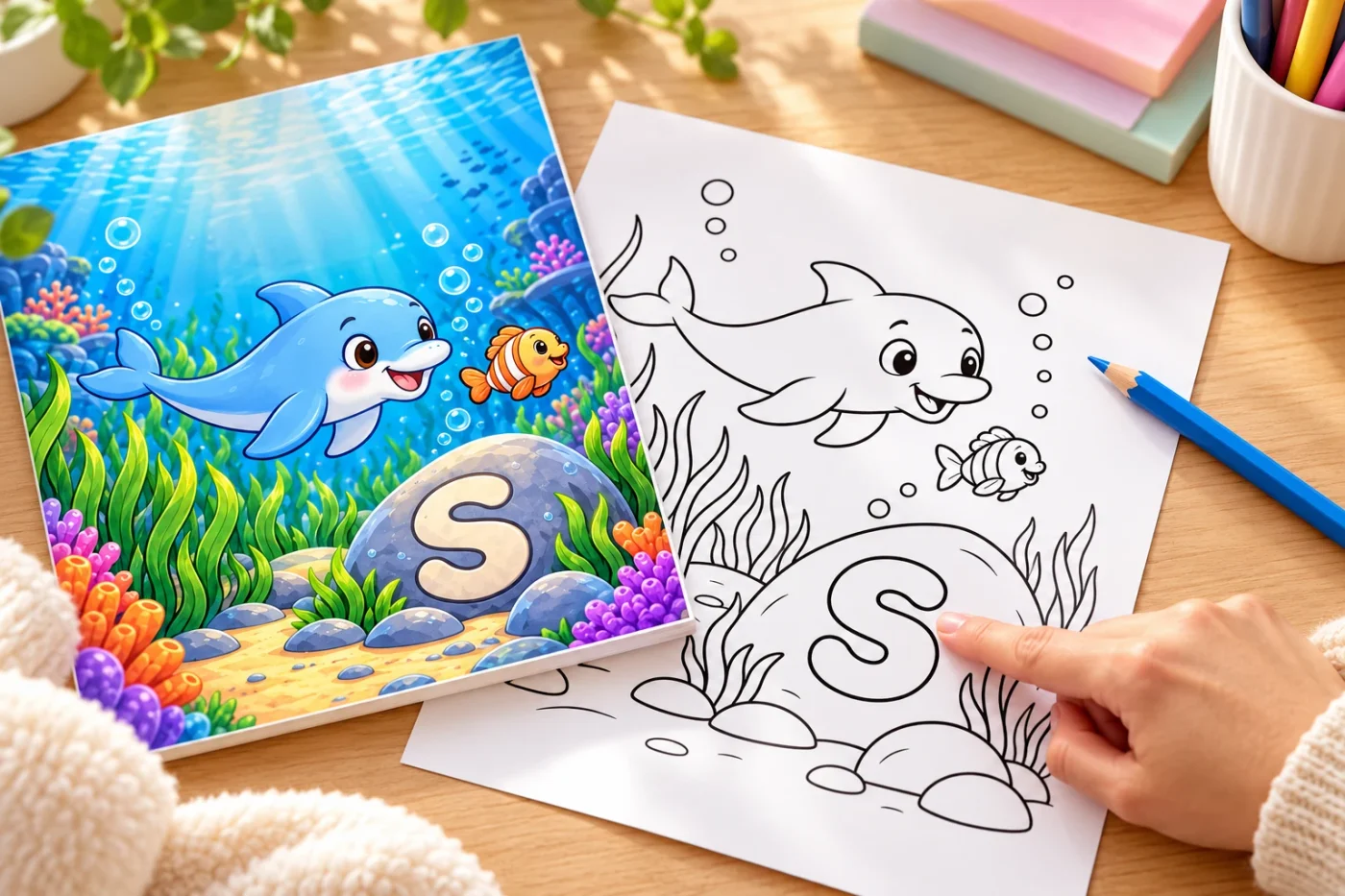 An adult points to the letter S on Dolly’s coloring page.
