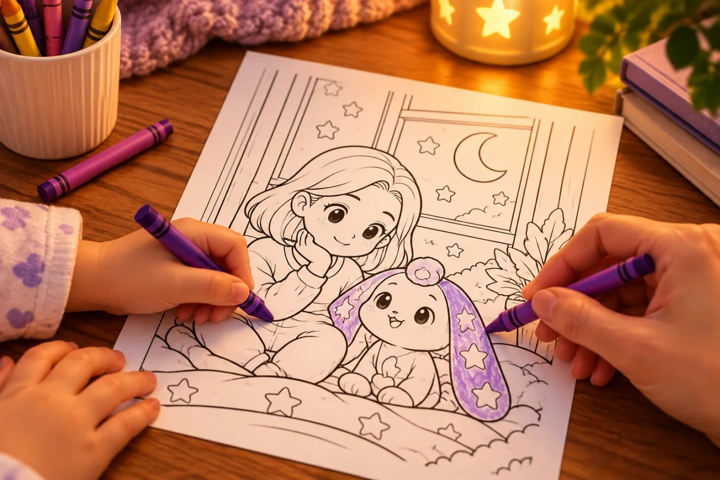 An adult and child color a Luno story page together.
