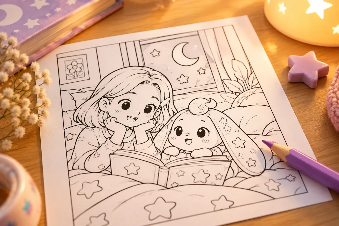 A printed Luno bedtime scene with a purple pencil nearby.