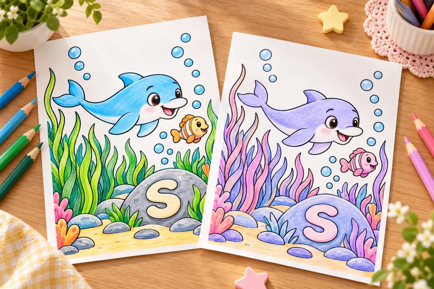 Two copies of Dolly’s page colored in different palettes.